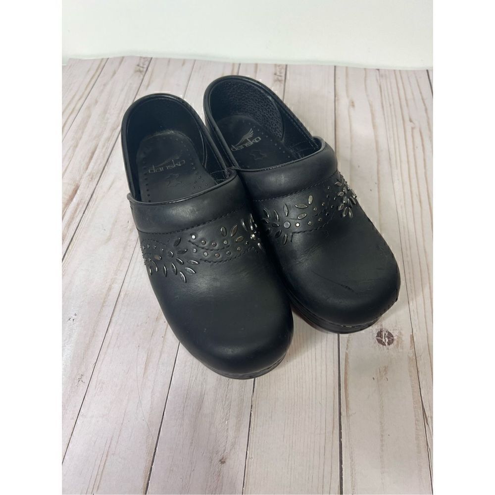 Dansko Black Leather Clogs Silver Metallic Bead Studded Floral Design - Picture 5 of 7